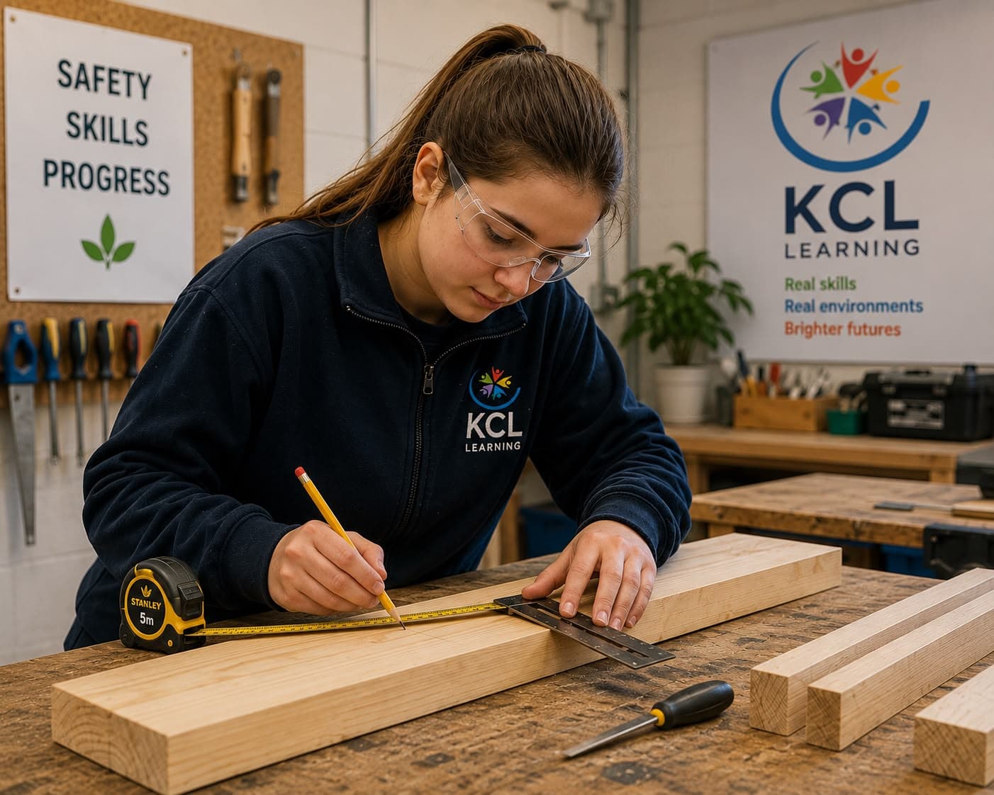 A KCL Learning student in safety glasses marks a length of timber with a pencil and square in a workshop