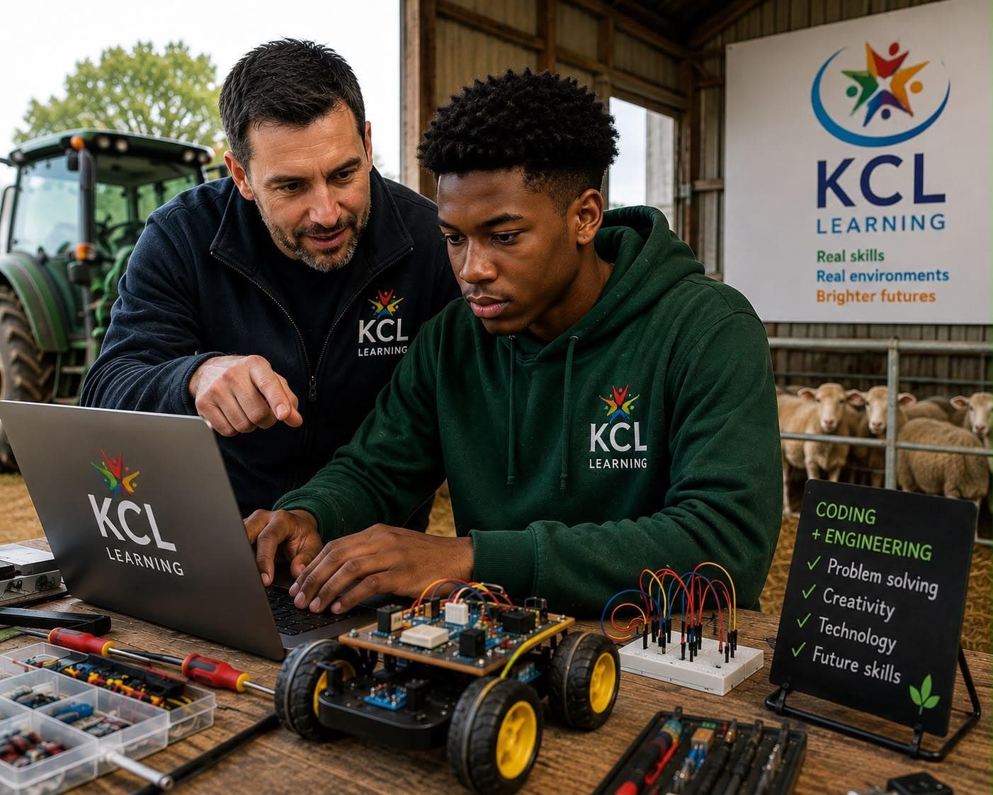 A tutor leans in to help a KCL Learning student with a laptop and a wheeled robotics kit at a bench in a barn