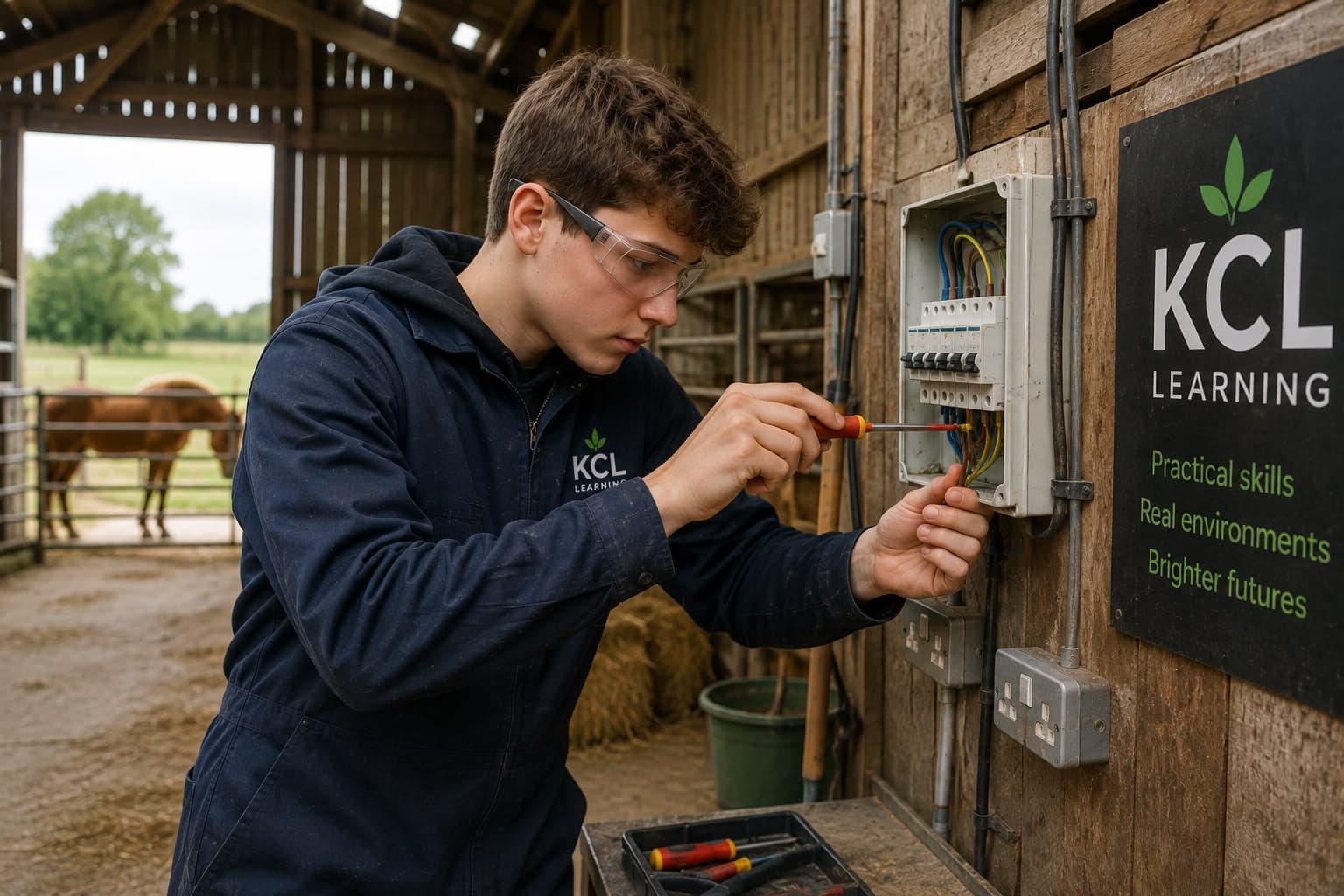 A KCL Learning student in safety glasses wires a consumer unit on a barn wall, a pony in the paddock beyond