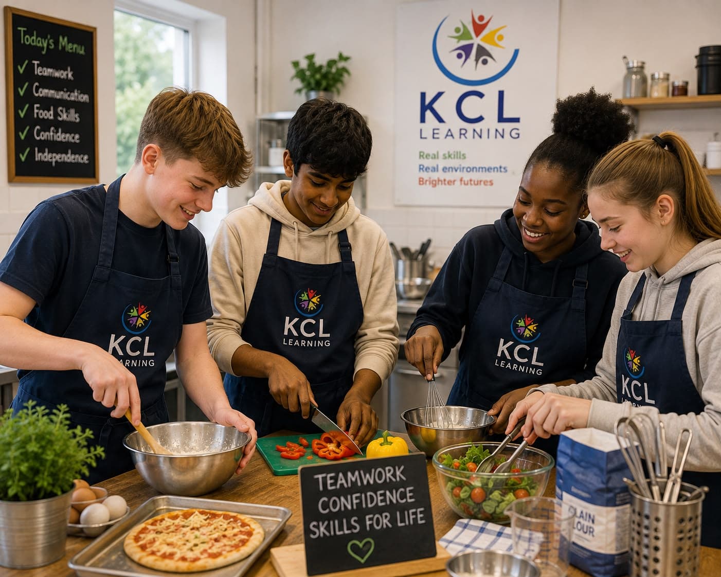 Four KCL Learning students in aprons prepare pizza and salad together in a teaching kitchen