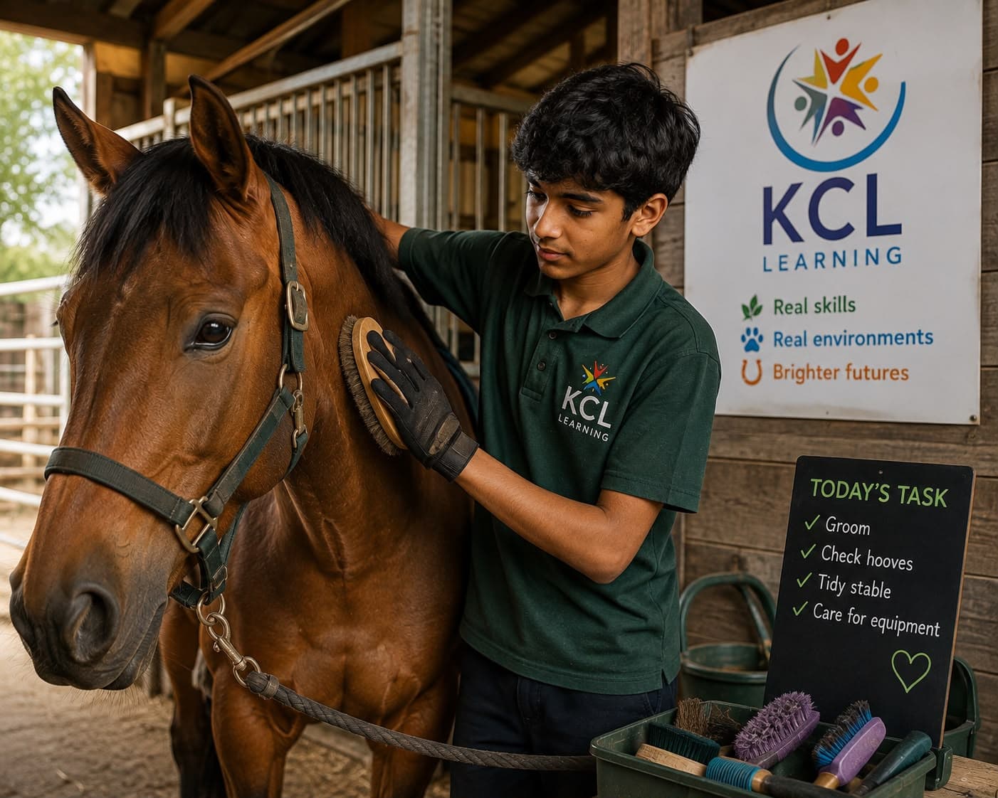 A KCL Learning student grooms a bay horse's neck in a stable doorway