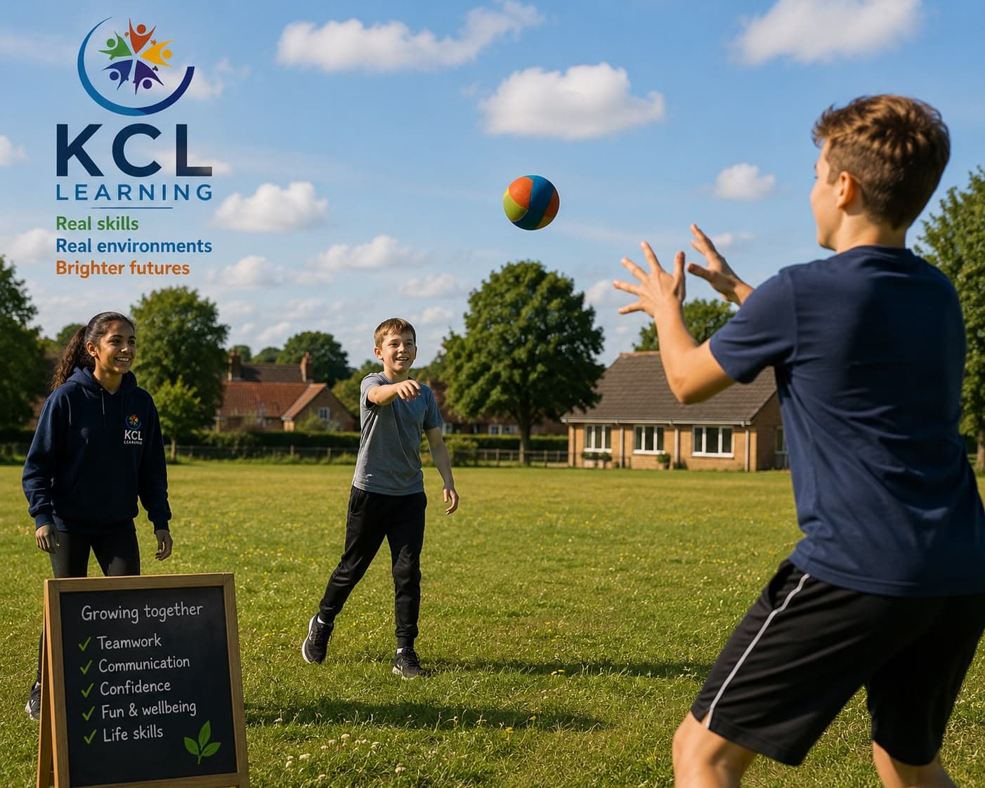 Two boys and a girl in KCL Learning kit play catch with a coloured ball on a playing field, beside a sign reading Growing together