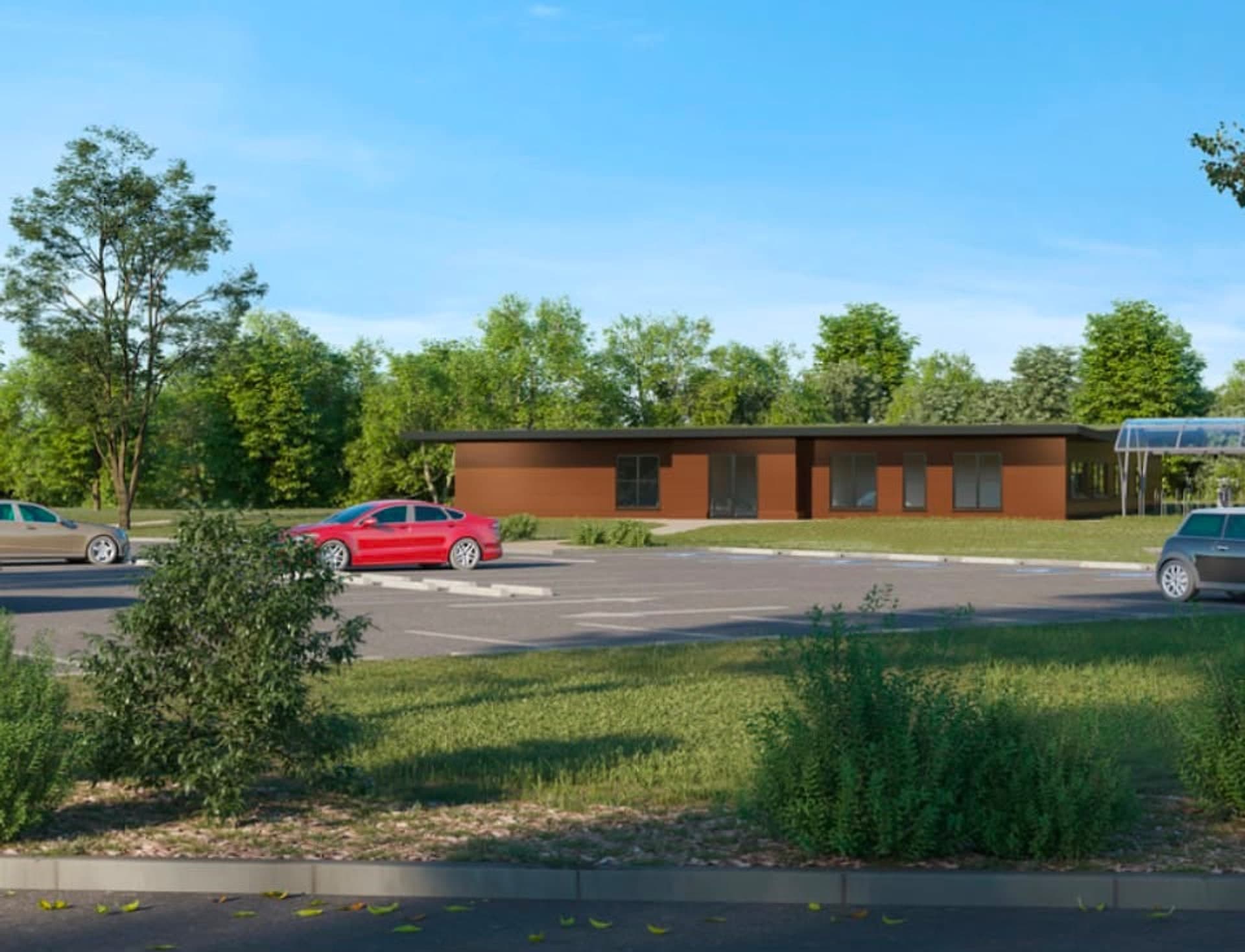 Architectural visualisation of a single-storey timber-clad centre seen across its car park